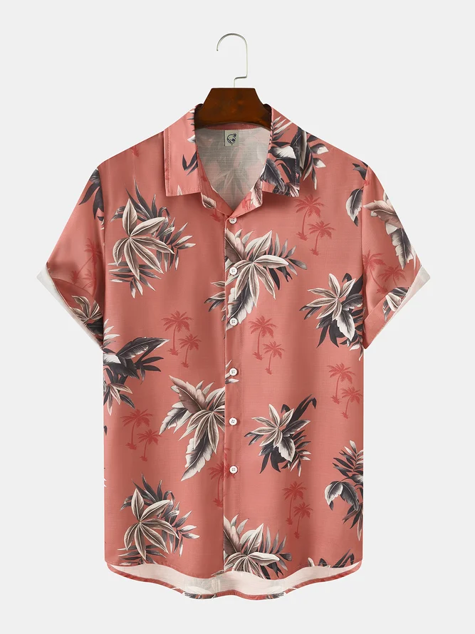 Men's Cotton Linen Plant Floral Comfortable Short Sleeve Shir