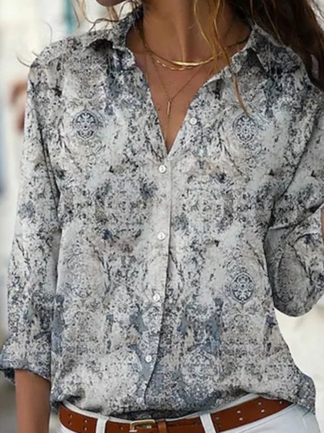 Casual Long Sleeve Shirt Collar Plus Size Printed Blouses