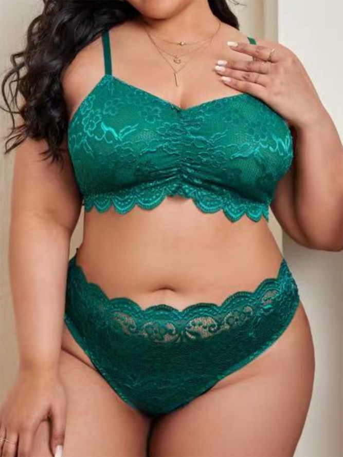 Sexy Breathable Lace Unwired Bra Briefs Set Plus Size