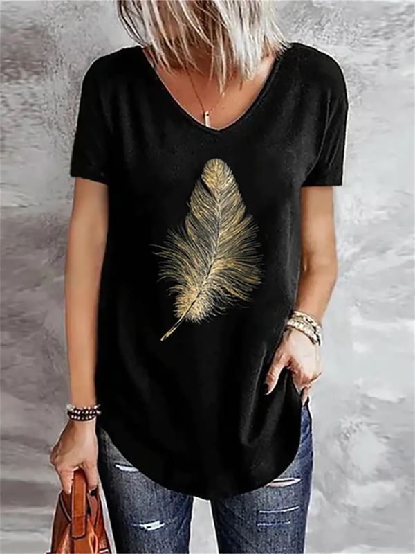 Feather Pattern V neck Casual Short sleeve T-Shirt