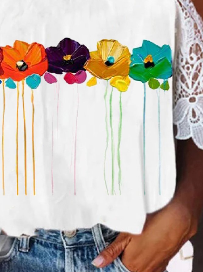Casual Floral V neck Short Sleeve Loose Tops