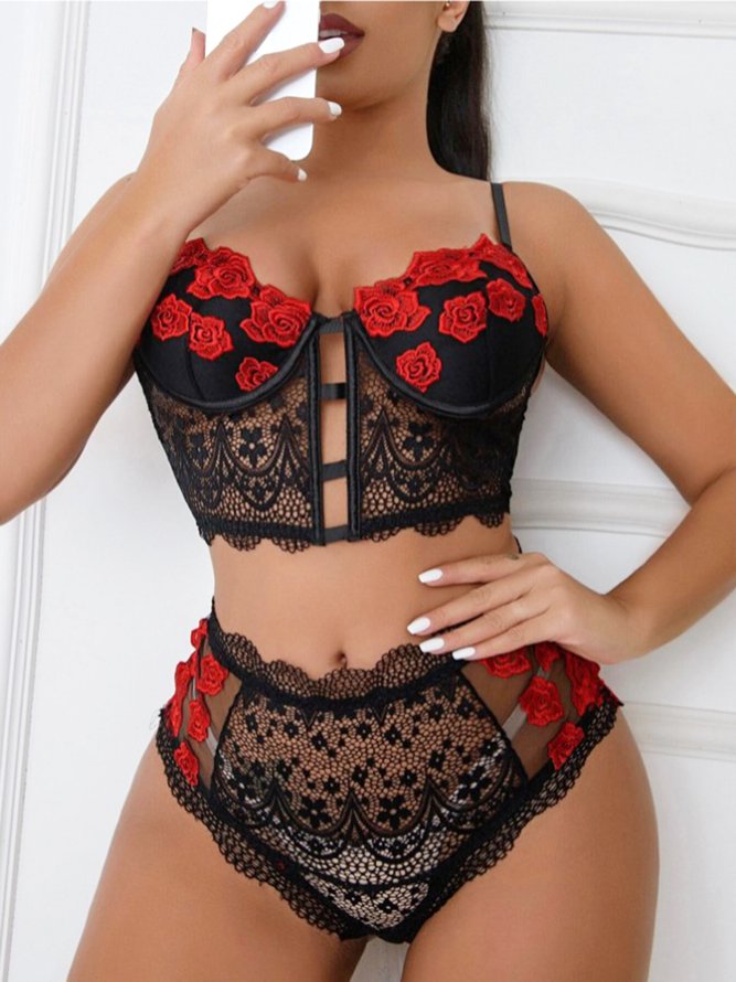 Sexy Rose Embroidered Lace Wireless Lingerie Set Plus Size