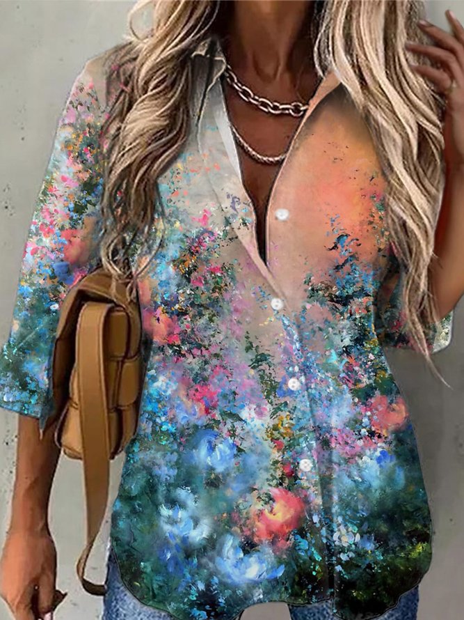 Casual Floral Long Sleeve Shirt Collar Plus Size Printed Blouses