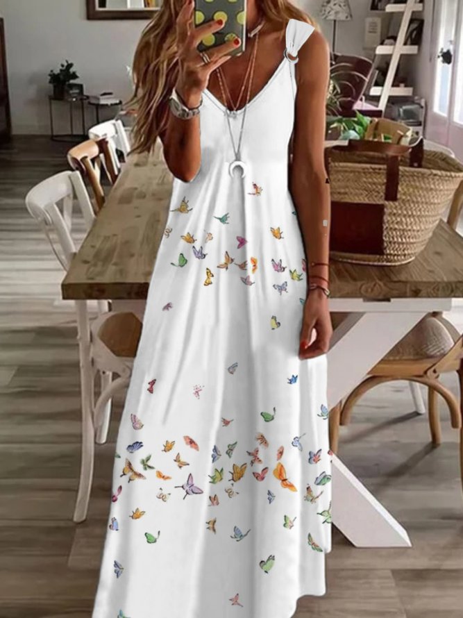 Casual Butterfly Sleeveless V Neck Plus Size Printed Dress