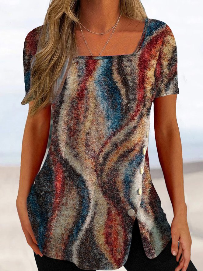 Casual Short Sleeve Square Neck Printed Top T-shirt