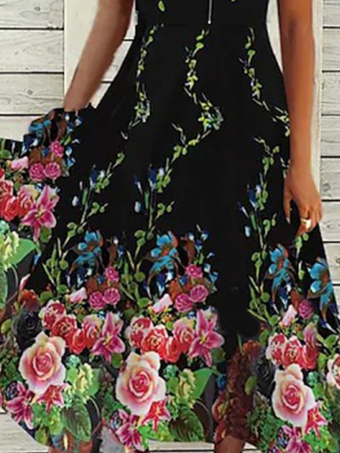 Casual Floral V neck Short Sleeve Dress