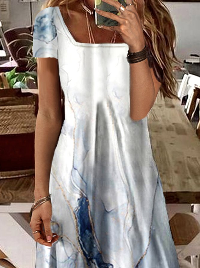 Abstract Short Sleeve Square Neck Plus Size Casual  Dresses