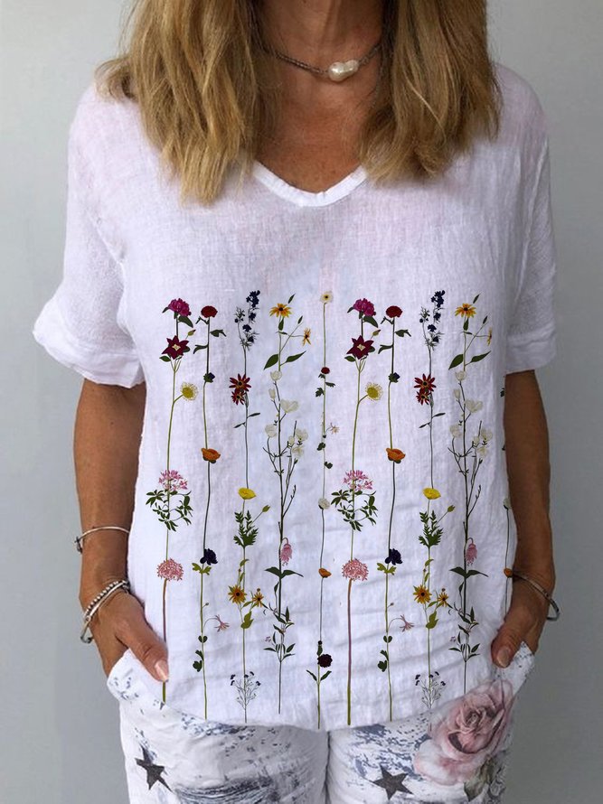 Casual Floral V neck Short Sleeve Loose Tops
