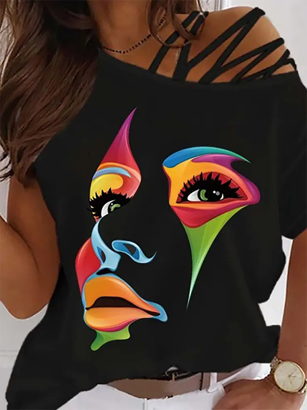 One Shoulder Abstract Casual T-Shirt