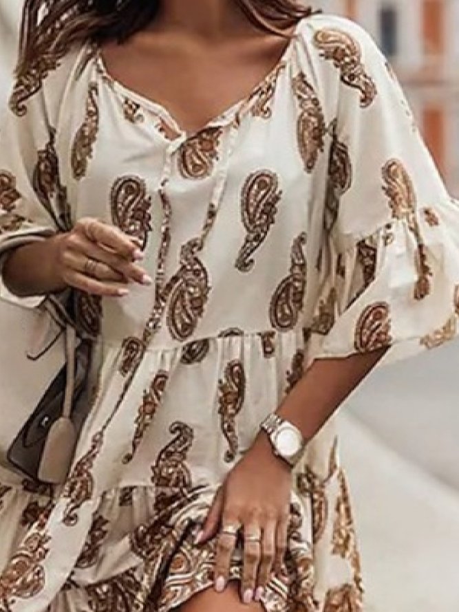 Casual Paisley V neck Loose Three Quarter Dress