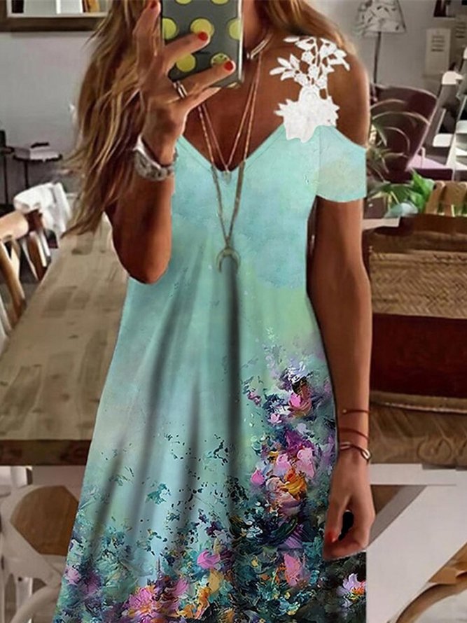 Floral V Neck Lace Casual A-Line Dress