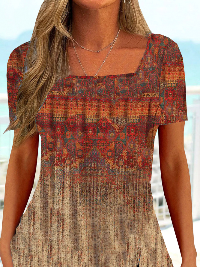 Casual Ethnic Square Neck T-Shirt