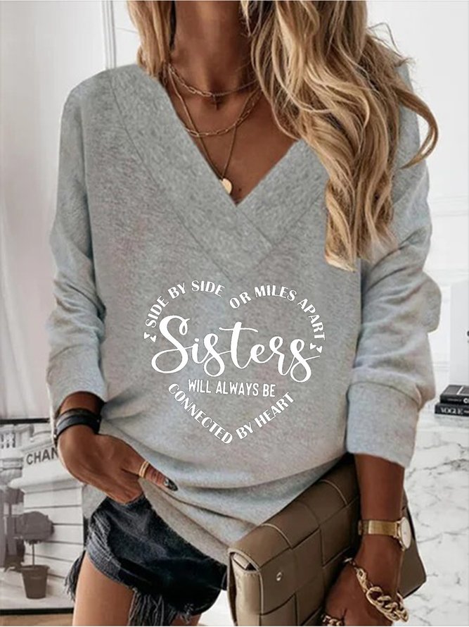 Casual V Neck Loose Text Letters Long Sleeve Sweatshirts