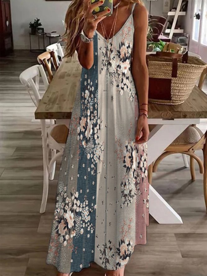Casual Floral Sleeveless V Neck Plus Size Printed Dress