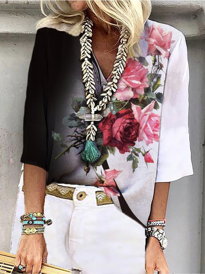 Color-block Rose 3/4 Sleeve V Neck Casual Top