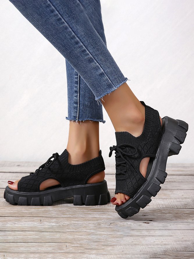 Cutout Breathable Knit Platform Lightweight Lace-Up Sandals