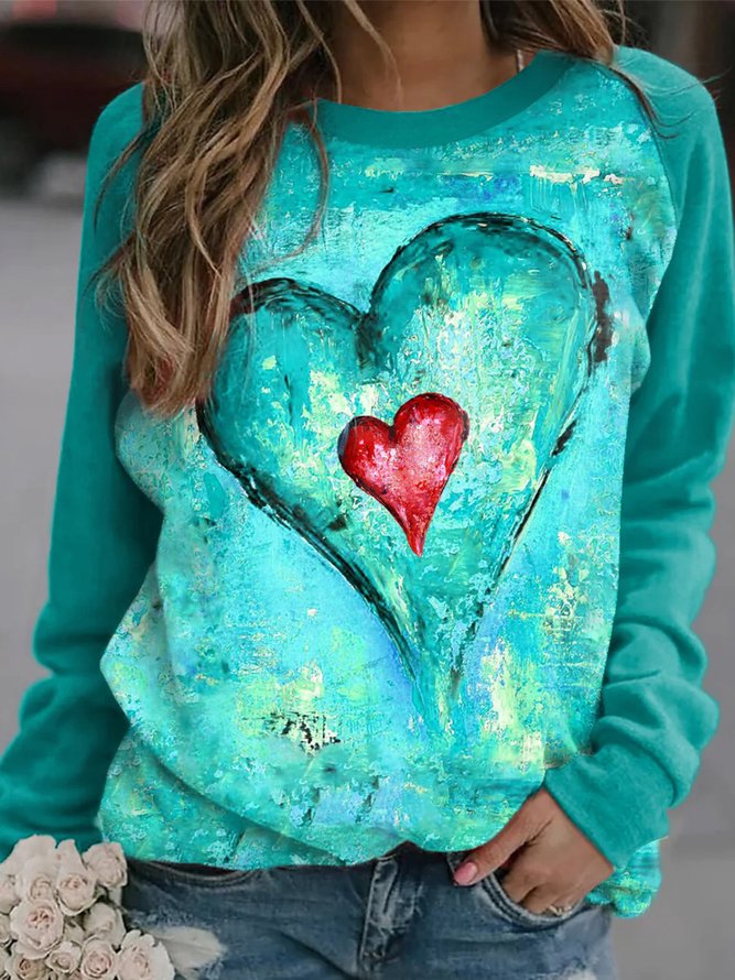 Casual Long Sleeve Round Neck Heart Printed Top Sweatshirt
