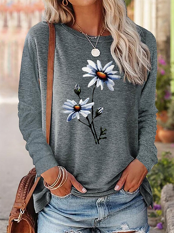 Crew Neck Long sleeve Floral Casual T-Shirt
