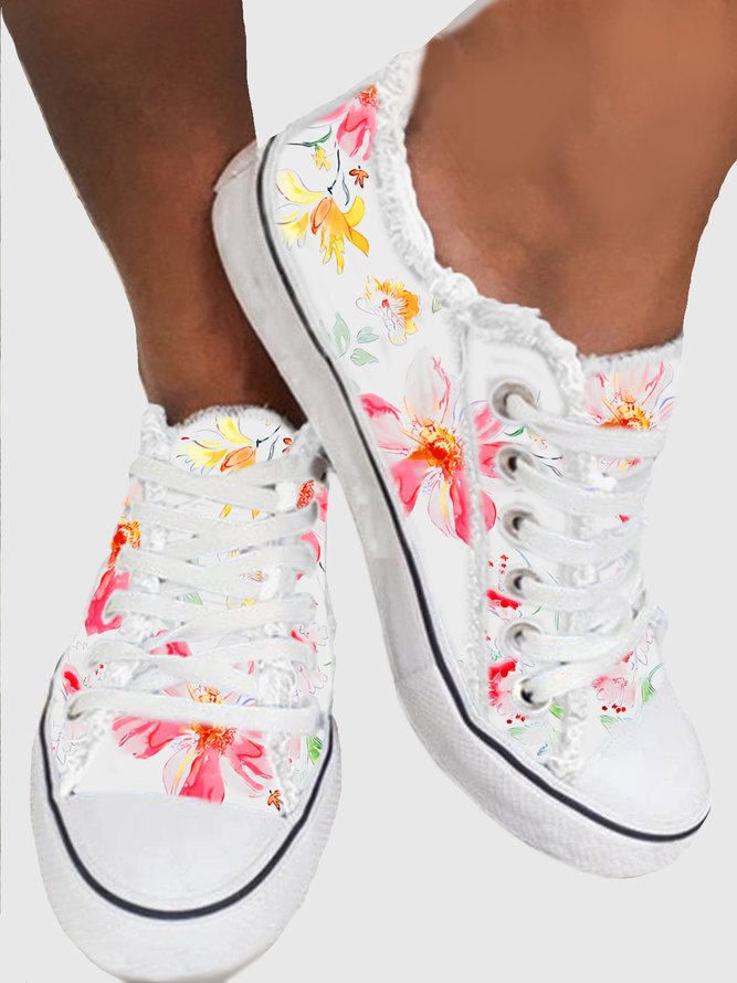 Lightweight Breathable Wear-Resistant Floral Lace-Up Sneakers Canvas Shoes