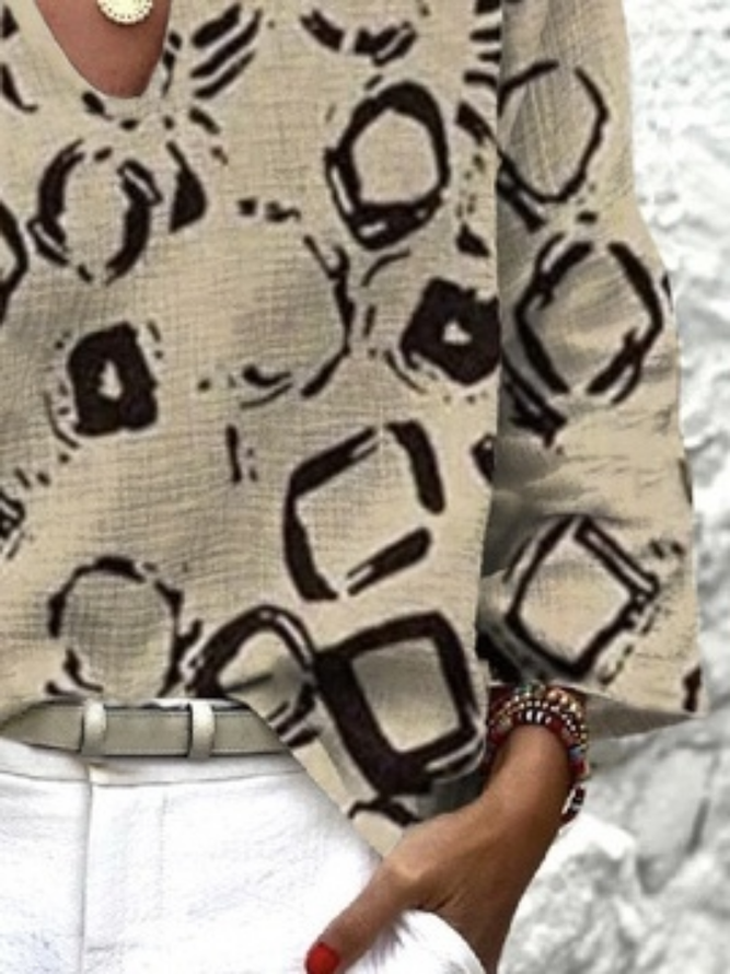 Geometric Long Sleeve V Neck Casual Top
