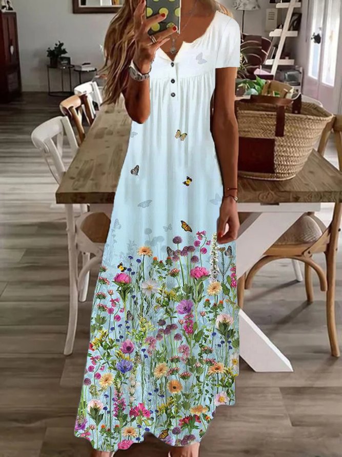 Casual Floral Short Sleeve V Neck Printed Dress