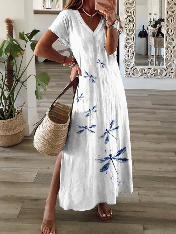 Casual Dragonfly Short Sleeve V Neck Plus Size Printed Dress