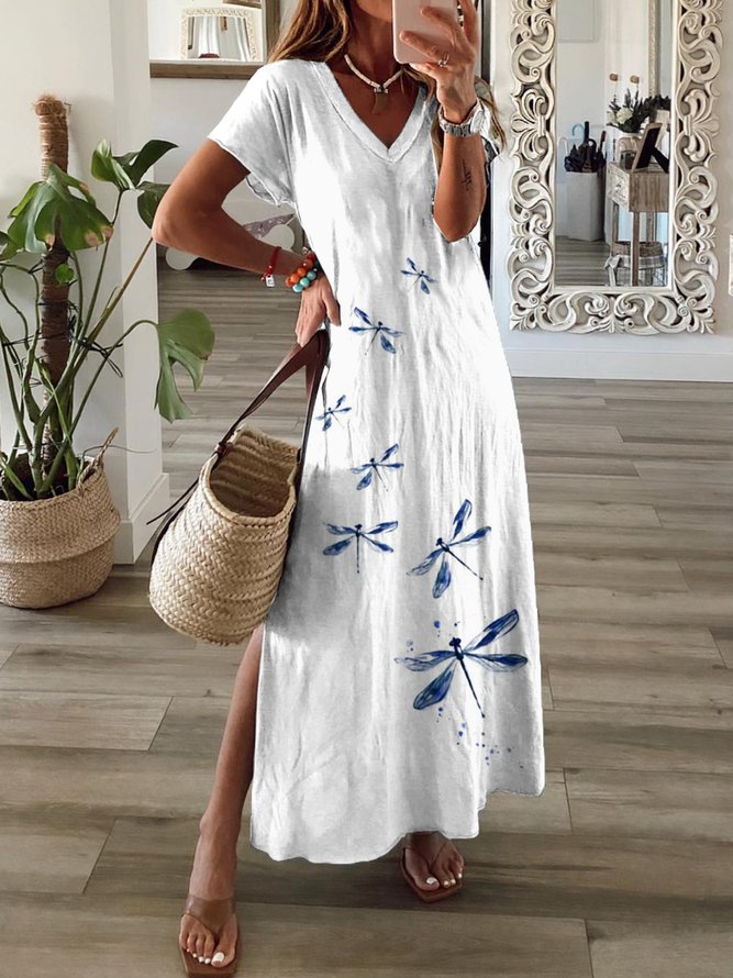 Casual Dragonfly Short Sleeve V Neck Plus Size Printed Dress
