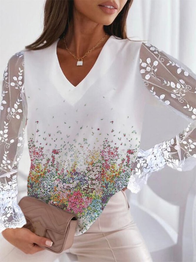 Floral Casual Lace V Neck Loose Tops