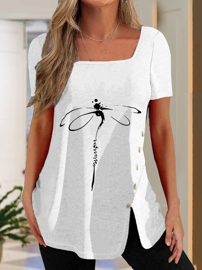Casual Dragonfly Short Sleeve Square Neck Plus Size Printed Tops T-shirts