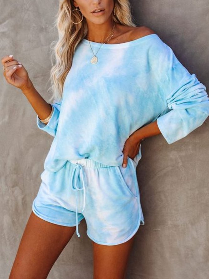 Two Piece Long Sleeve Round Neck Printed Top Sweatshirt With Shorts