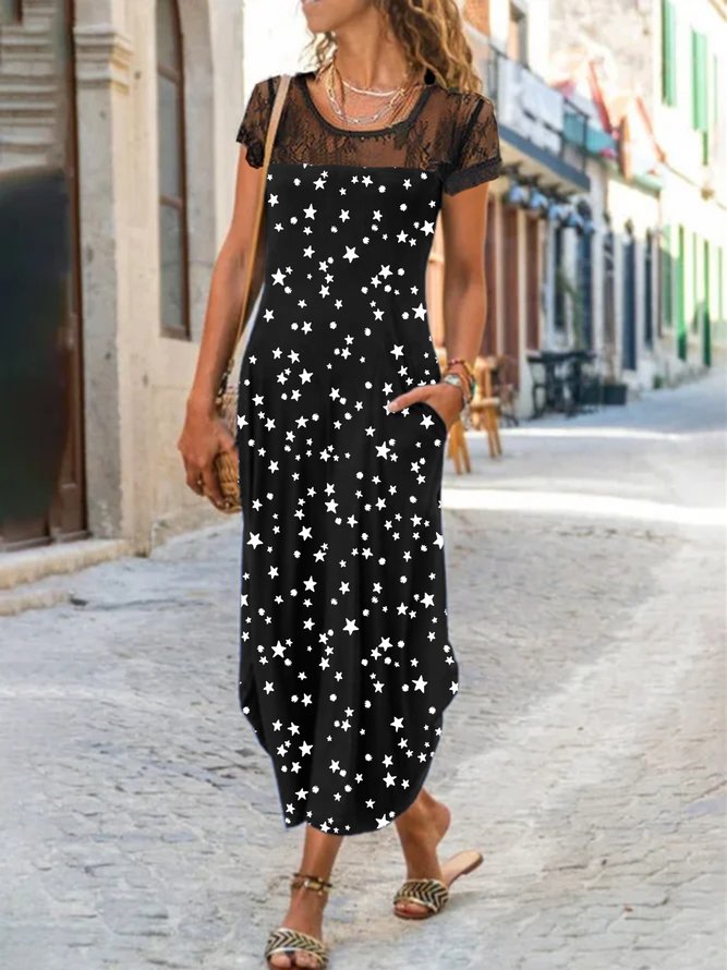 Casual Lace Star Short Sleeve Round Neck Printed Dress