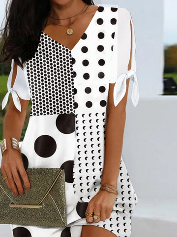 Casual Polka Dots Printed V Neck Dresses