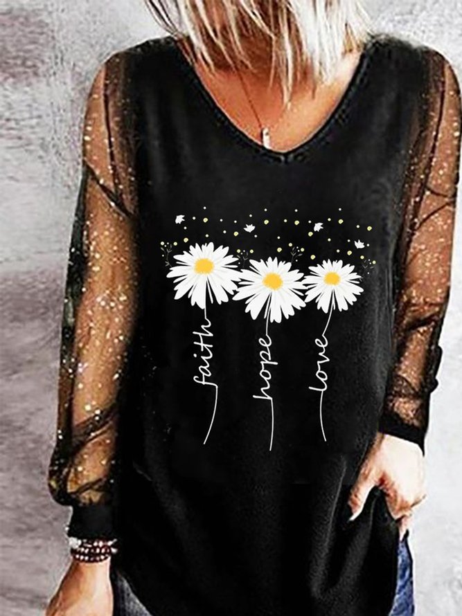 Floral Casual V Neck Mesh Loose Long Sleeve T-Shirt