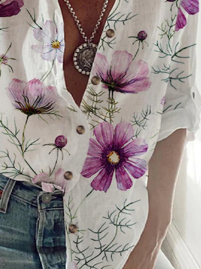 Casual Floral Loose Stand Collar Long Sleeve Blouse