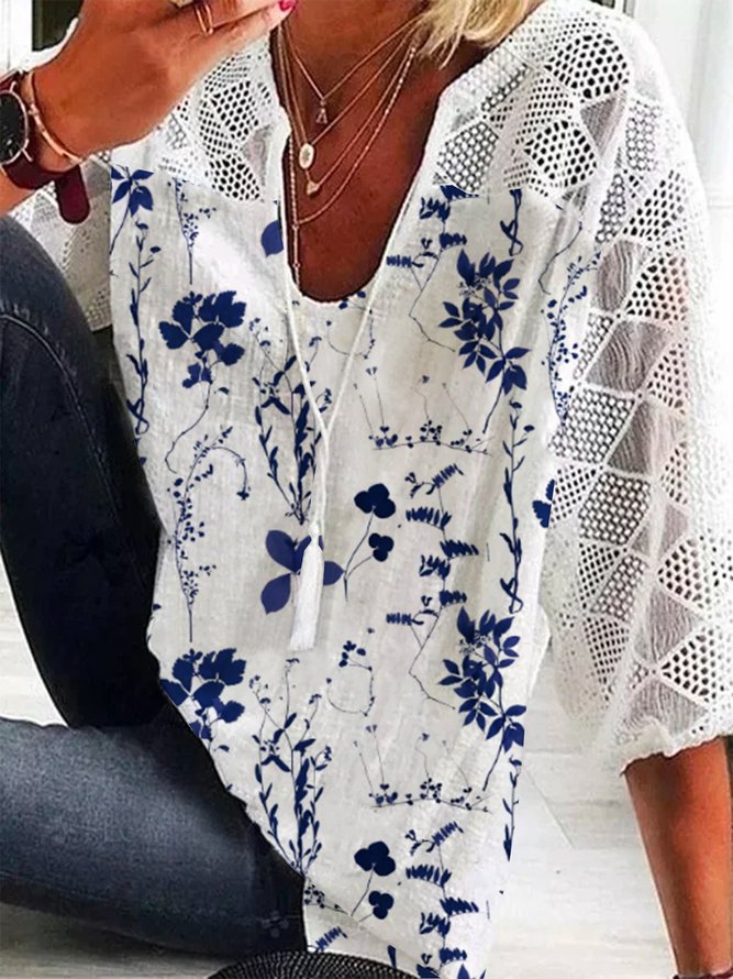 Casual Floral Three Quarter V Neck Plus Size Printed Tops