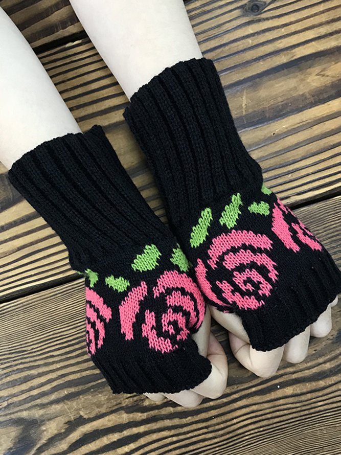 Rose Flower Hand Knitting Half Finger Gloves Warm Gloves