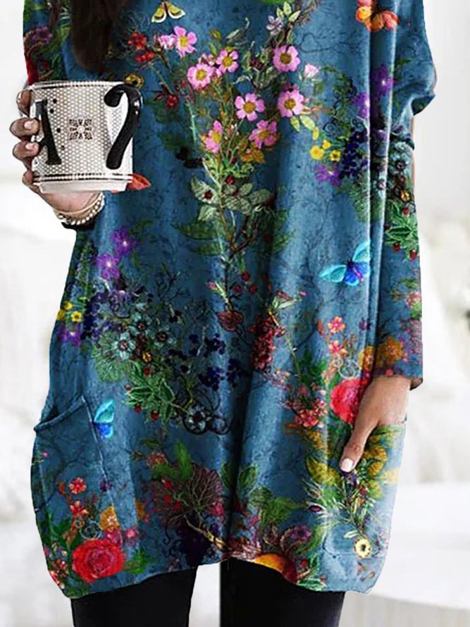 Casual Floral Pockets Long Sleeve Loose T-Shirt