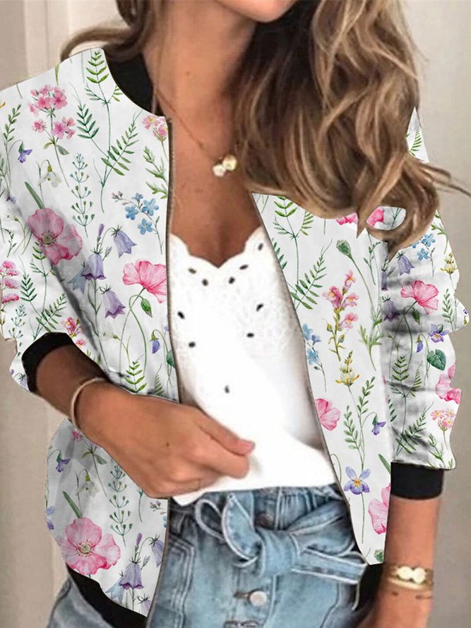 Casual Floral Long Sleeve Plus Size Printed Outwears