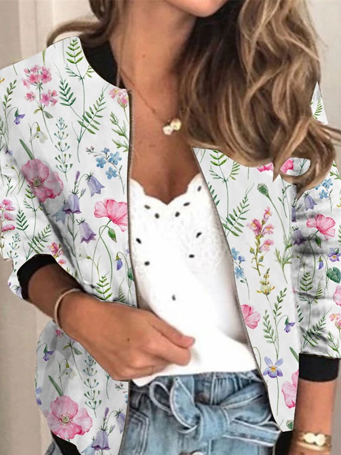 Casual Floral Long Sleeve Plus Size Printed Outwears