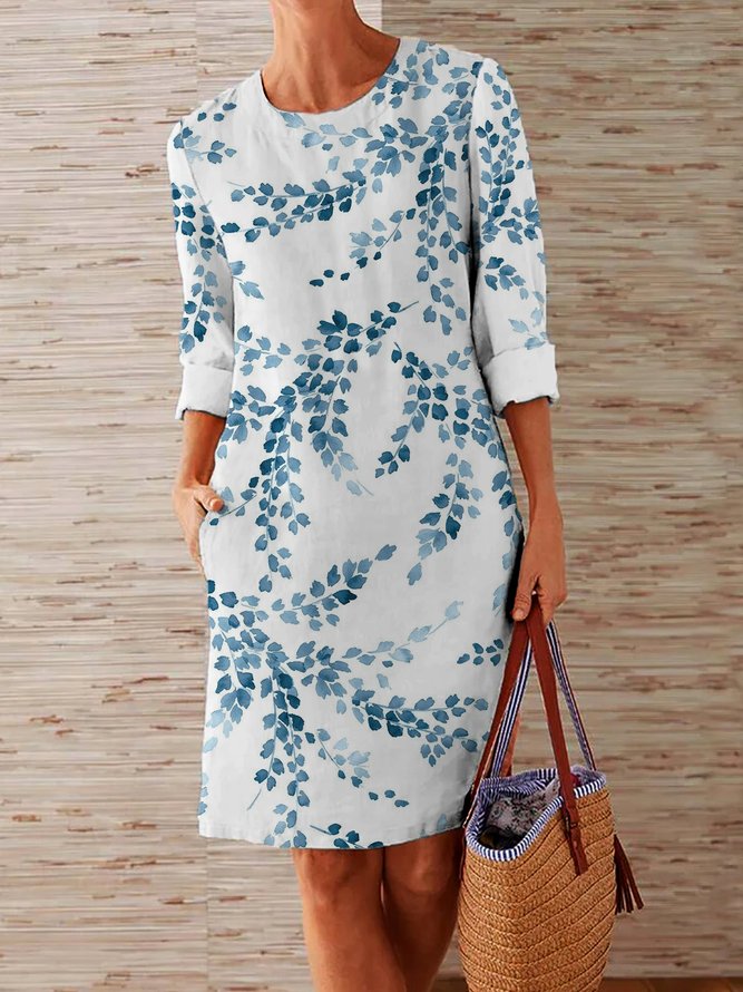 Casual Leaf Long Sleeve Crew Neck Printed Dress