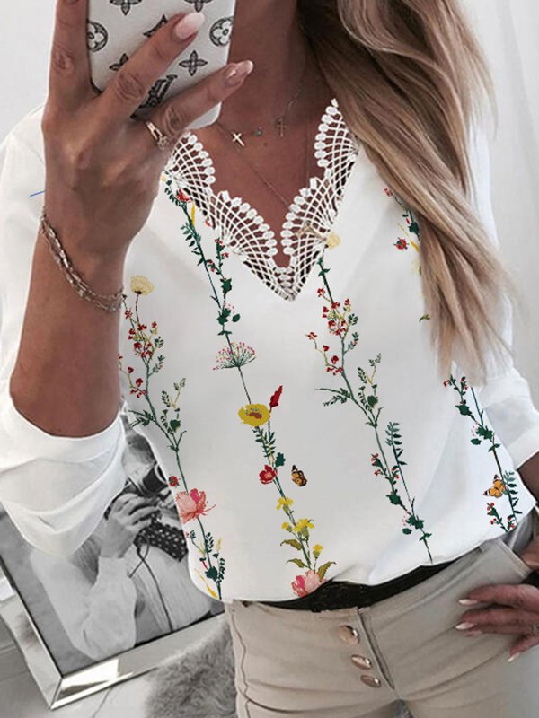 Floral Long sleeve V Neck Casual Tops