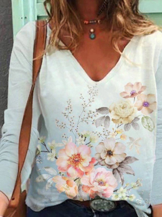 Floral V Neck Casual Long Sleeve T-Shirt