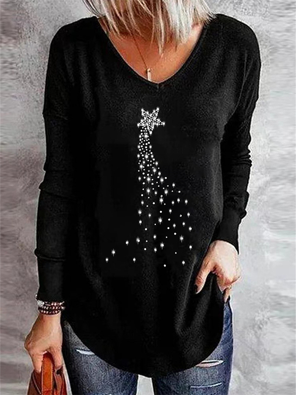 Casual V neck Star Long sleeve T-Shirt