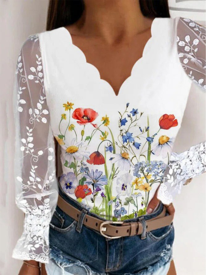 Casual Floral V Neck Long Sleeve  Tops