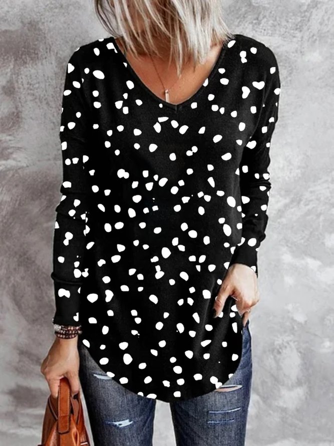 Casual Polka Dots Long Sleeve V Neck Plus Size Printed Tops T-shirts