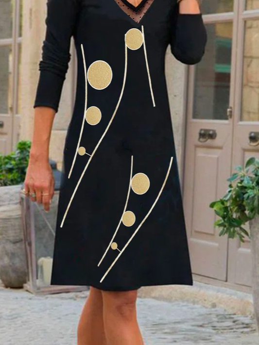 Polka Dots Casual V Neck A-Line Long Sleeve Dresses