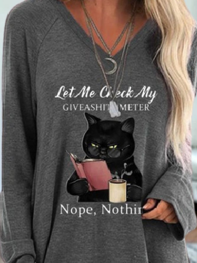 Casual Text Letters Cat V neck Long Sleeve Loose T-Shirt