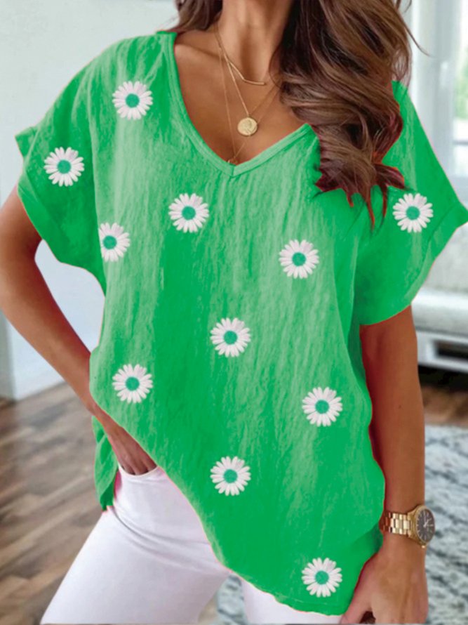 Casual Daisy V neck Cotton Loose Short Sleeve Top