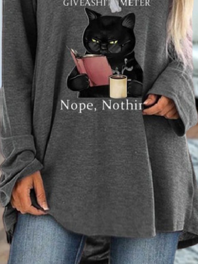 Casual Text Letters Cat V neck Long Sleeve Loose T-Shirt