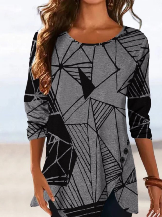 Casual Abstract Long Sleeve Crew Neck Plus Size Printed Tops T-shirts